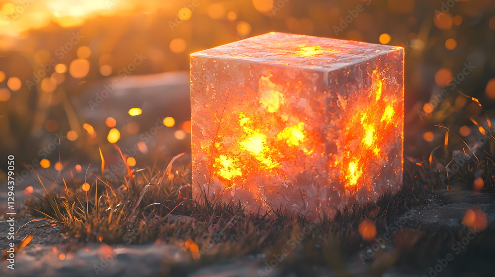 Poster glowing cube resting on grass surrounded by warm sunset light and sparkling bokeh blurred background
