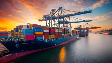 Fototapeta premium Massive container ship docked at a busy global trade port with towering quay cranes loading and unloading colorful cargo boxes a dynamic scene showcasing the international shipping industry in motion