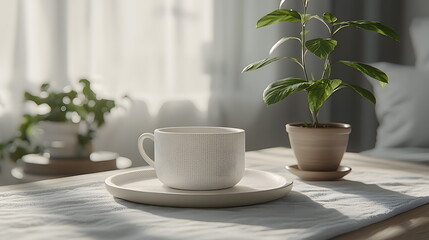 Ceramic cup placed on a round plate beside a small green plant with soft natural light filtering through the window.