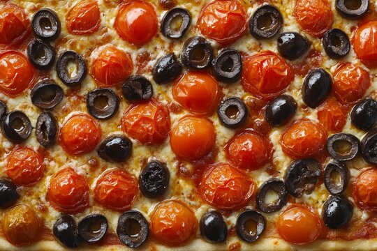 Close-up of freshly baked pizza with melted mozzarella cheese, juicy cherry tomatoes, and sliced black olives, creating appetizing food background