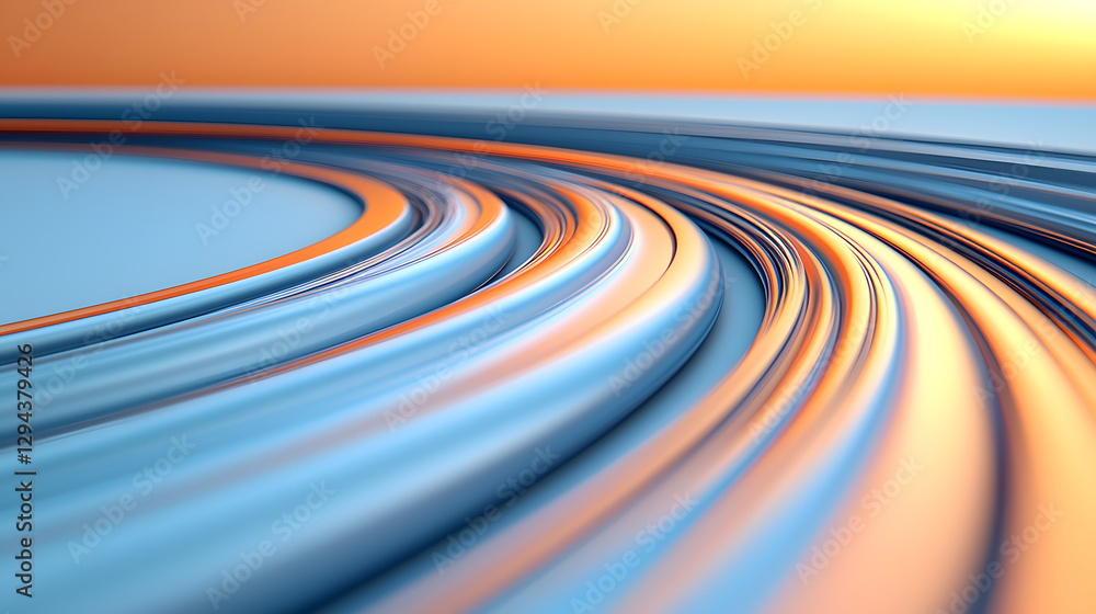 Poster curved metallic lines reflecting sunset hues in a smooth abstract background with soft gradients and
