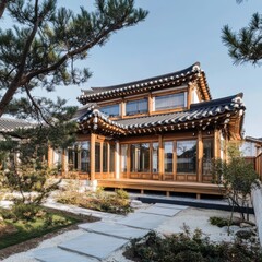 Obraz premium Korean traditional house with beautiful architecture and landscaping