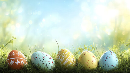 Colorful Easter eggs in lush green grass under sunny sky
