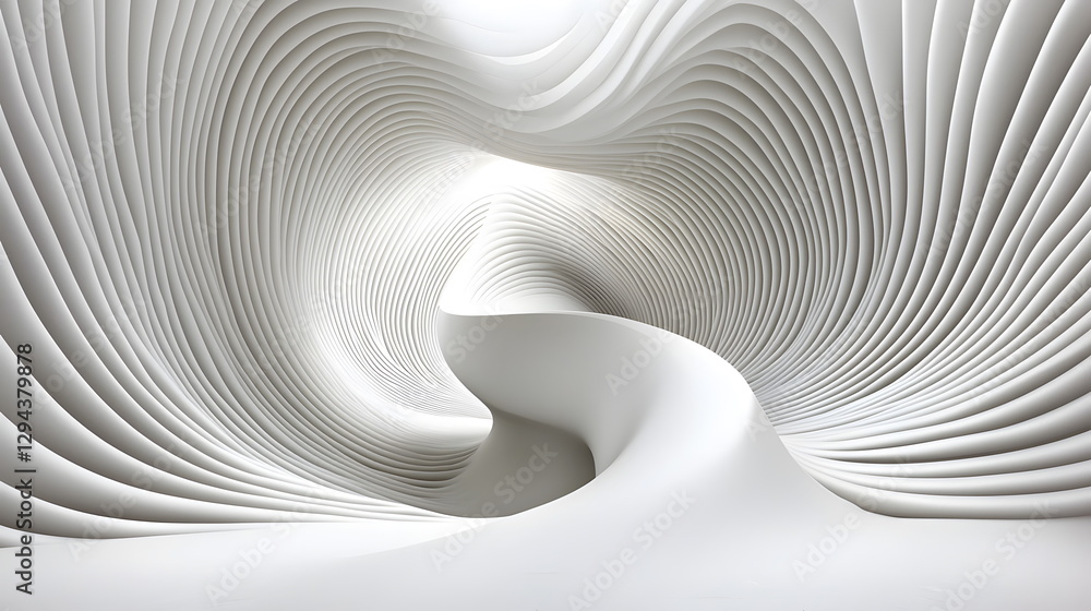 Poster curving white abstract waves flowing smoothly through a dimly lit surreal architectural space.