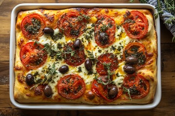 Freshly baked pizza topped with juicy tomatoes, olives, and fragrant thyme, resting in a white ceramic dish on a wooden table