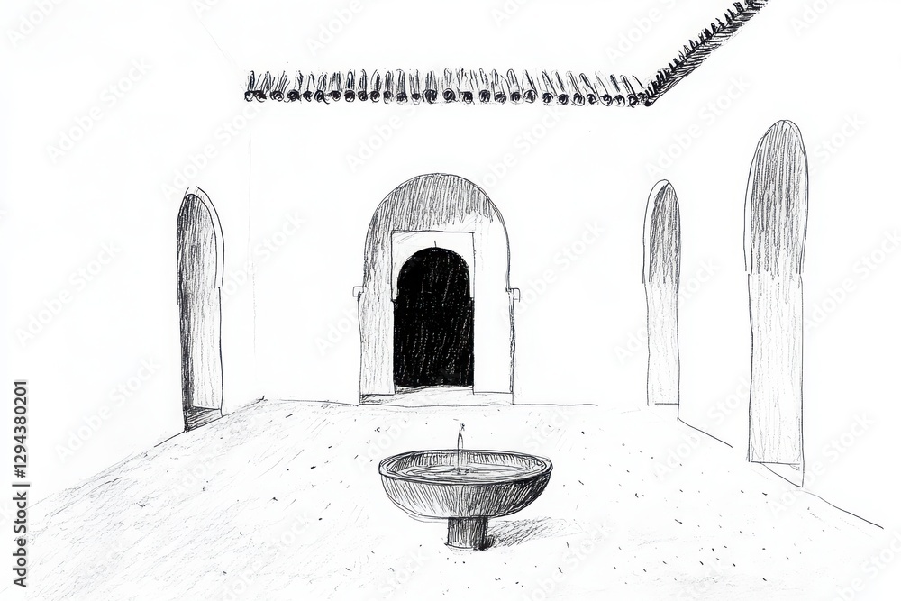 Poster monochromatic architectural sketch of building entrance exterior design drawing illustration concept