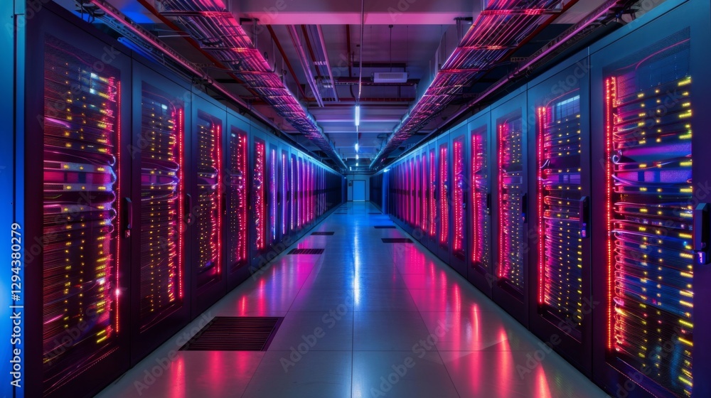 Poster long corridor filled with server racks illuminated by vibrant lights, highlighting advanced digital 