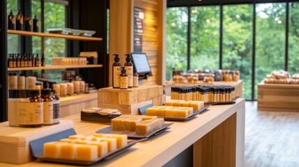 Brightly lit shop interior displaying an array of handmade soaps and skincare products
