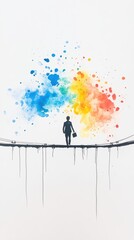 Visionary Businessperson Walking on Bridge with Colorful Splashes