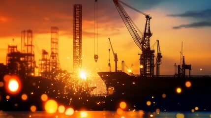 Obraz premium Silhouetted construction cranes and a ship against a vibrant sunset over a bustling port