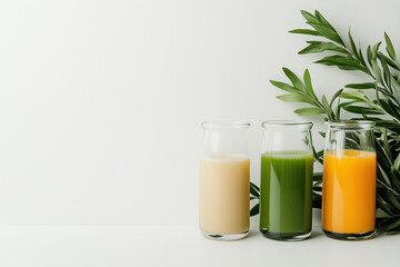 Freshly squeezed juice in glass jars with green leaves on white background creates clean and bright atmosphere. Enjoy vibrant colors and healthy options
