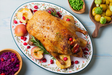 Roasted duck with apples and cranberries served with peas, red cabbage and potatoes. View from above, top view