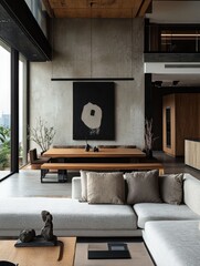 A sleek modern apartment with a dining area