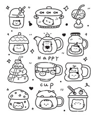 A black and white digital line drawing featuring tiny, adorable cats  kawaii style illustration is perfect for coloring activities.
