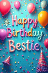 Colorful "Happy Birthday Bestie" poster with balloons, confetti, and party hats, fun, greeting card, friendship