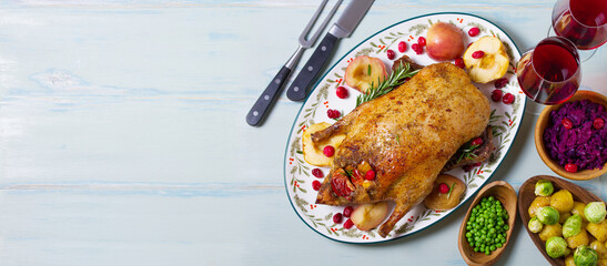 Roasted duck with apples and cranberries served with peas, red cabbage and potatoes. View from above, top view with copy space