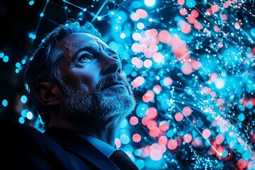 Man contemplates digital network, future