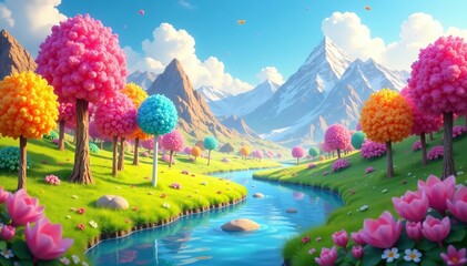 Fototapeta premium Colorful lollipop land with trees, rivers, and mountains made of candy, landscape, sweet, delicious