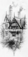 Obraz premium Monochrome Drawing Of A House With Two Chimneys With Gothic Style Rooflines And Details Architectural Sketching Illustration Black And White Line Art Drawing Of A Classic Home Exterior Structure
