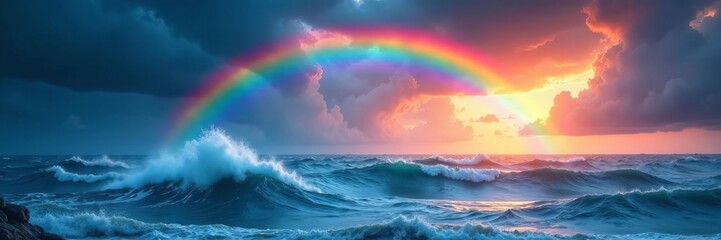 Fototapeta premium Colorful rainbow arching over turbulent sea during storm, stormy, tempest, weather