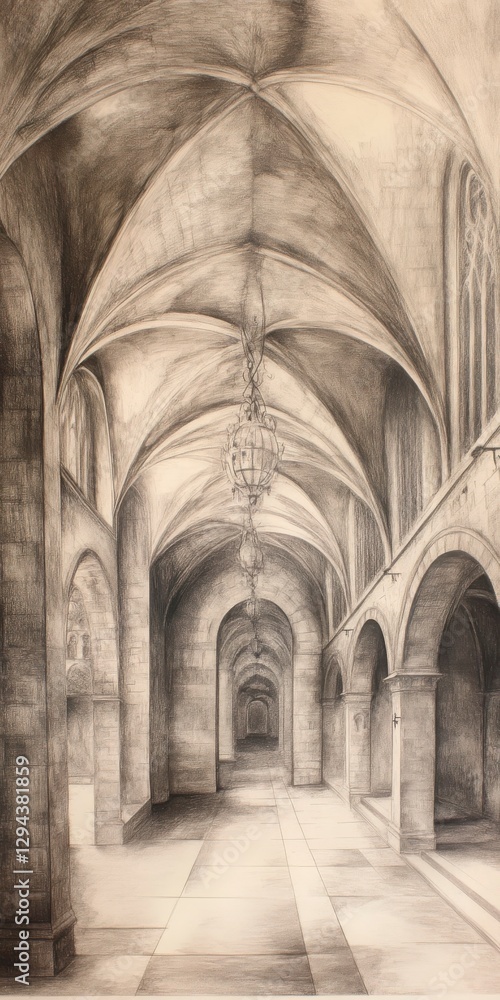 Poster monochrome drawing of a tranquil stone hallway with vaulted arches and perspective interior design f