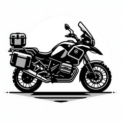 Obraz premium Side view of a black and white graphic of a motorcycle with luggage.