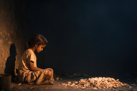 A starving young girl sitting beside a trash pile, searching for scraps, dark urban slums background