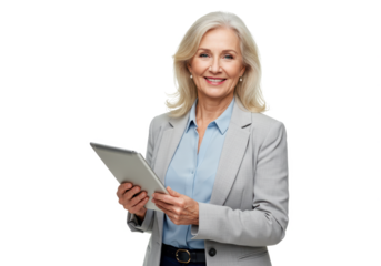 A confident older woman holds a silver tablet in one hand while standing smiling warmly isolated on transparent background