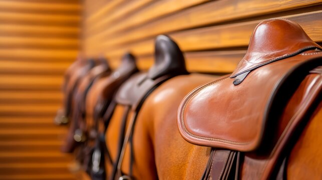 Collection of polished leather saddles displayed against a warm wooden backdrop
