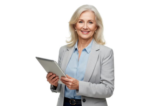 A confident older woman holds a silver tablet in one hand while standing smiling warmly isolated on transparent background - Powered by Adobe