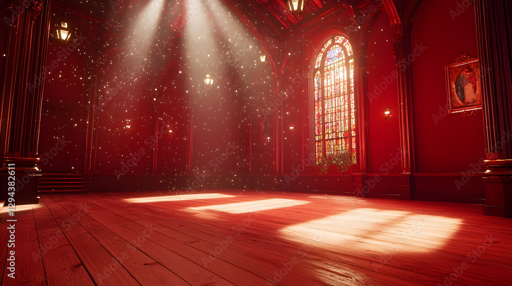Poster elegant red room with stained glass windows and soft light filtering through dust motes in a serene 