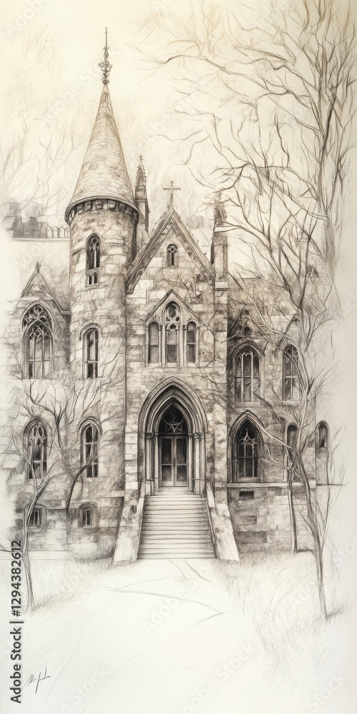 Poster monochrome drawing of gothic stone house with tower and details of design and structure of the entra
