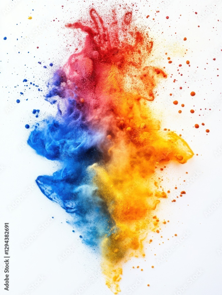 Poster vibrant explosion of colorful powder against a clean white backdrop creating dynamic abstract art an