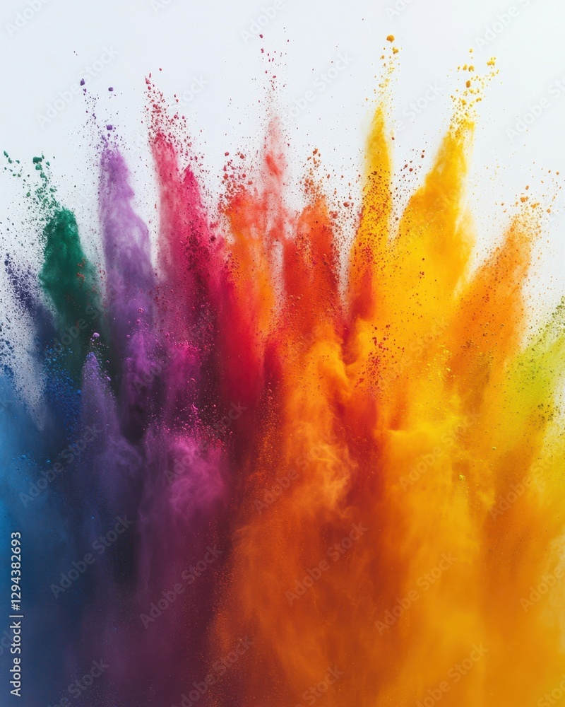 Poster vibrant explosion of colorful powder paint creating a dynamic burst against a clean white background