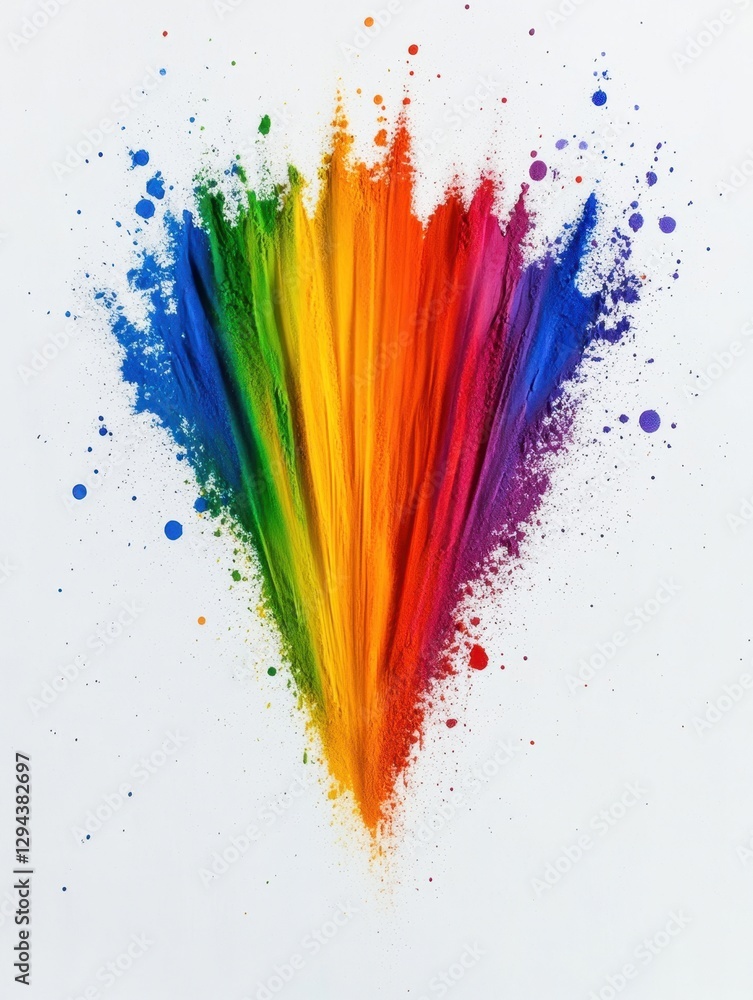 Poster vibrant spectrum of colorful powder explosion on white backdrop creating a dynamic artistic display