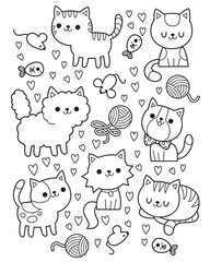 A black and white digital line drawing featuring tiny, adorable cats  kawaii style illustration is perfect for coloring activities.
