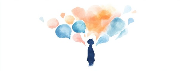 Silhouette of Thinker with Watercolor Thought Bubbles in Pastel Colors