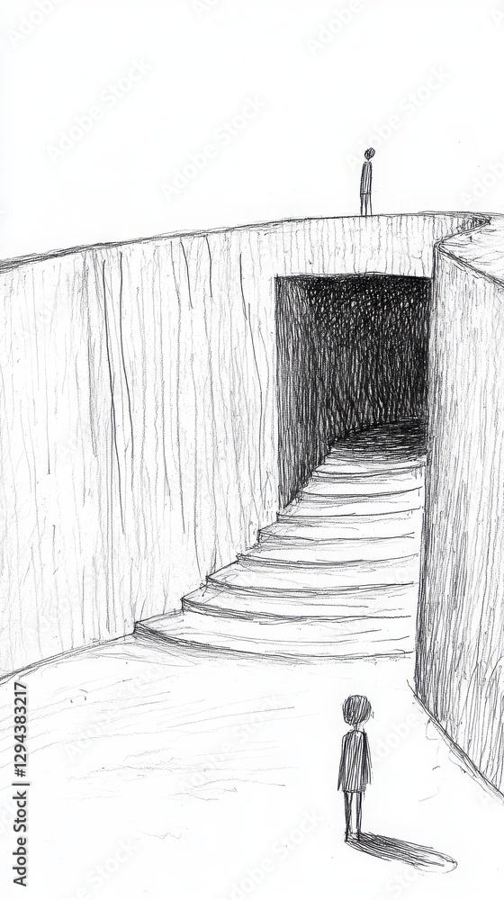Poster monochrome ink drawing of a person approaching a dark entrance way and structure with steps and a hi