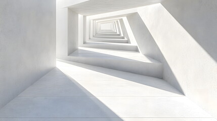 Obraz premium Endless white geometric corridor illuminated by sunlit rays creating a modern minima aesthetic.