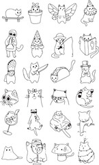 Black and white digital line drawing of various surreal and meme inspired cats with exaggerated expressions and humorous distortions. 
