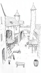 Obraz premium Monochrome Ink Sketch Of Medieval Castle Architecture 2d Drawing Sketchbook Illustration Design Drawing Art Architectural Sketching Pen Artwork Design Sketching Pen Sketch Illustration Ink Drawing