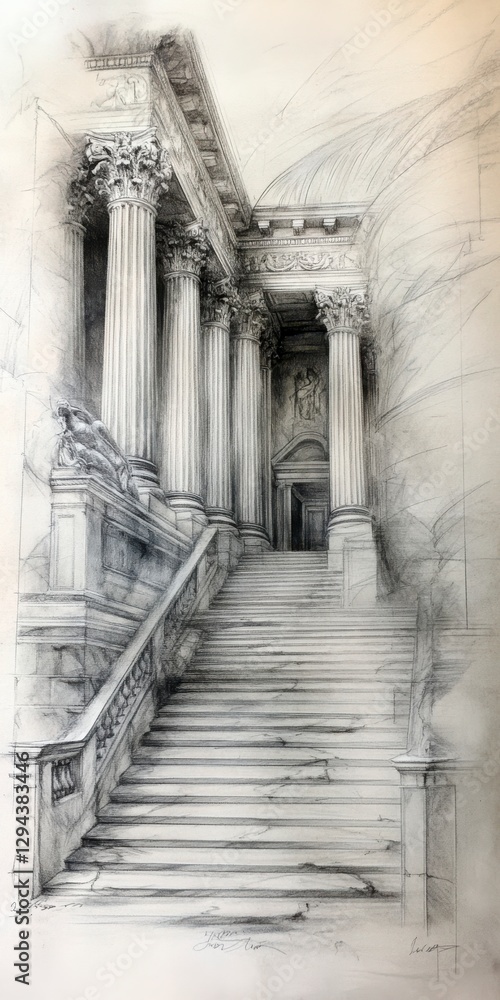 Aufkleber monochrome pencil sketch of a grand staircase in classical style architecture in interior design dra