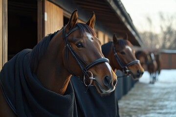 Fototapeta premium Horses in Stable Wearing Blankets with Natural Light and Warm Atmosphere at Equestrian Facility