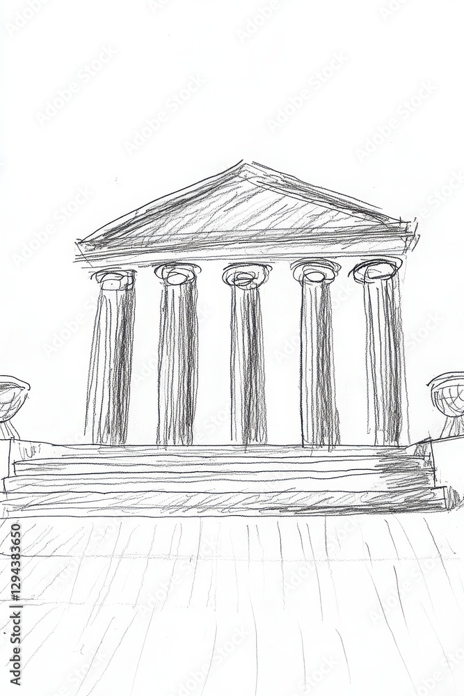 Aufkleber monochrome sketch of a classical temple building structure exterior drawing illustration with simple