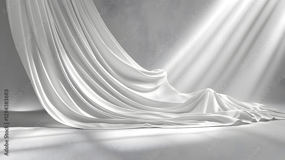 Poster white fabric draped elegantly on a smooth surface with soft light casting gentle shadows in a minima