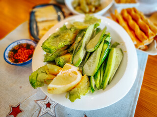 A fresh salad of sliced cucumbers, crisp lettuce, and lemon wedges served on a white plate, accompanied by a flavorful dipping sauce, breadsticks, and other appetizers for a wholesome meal.