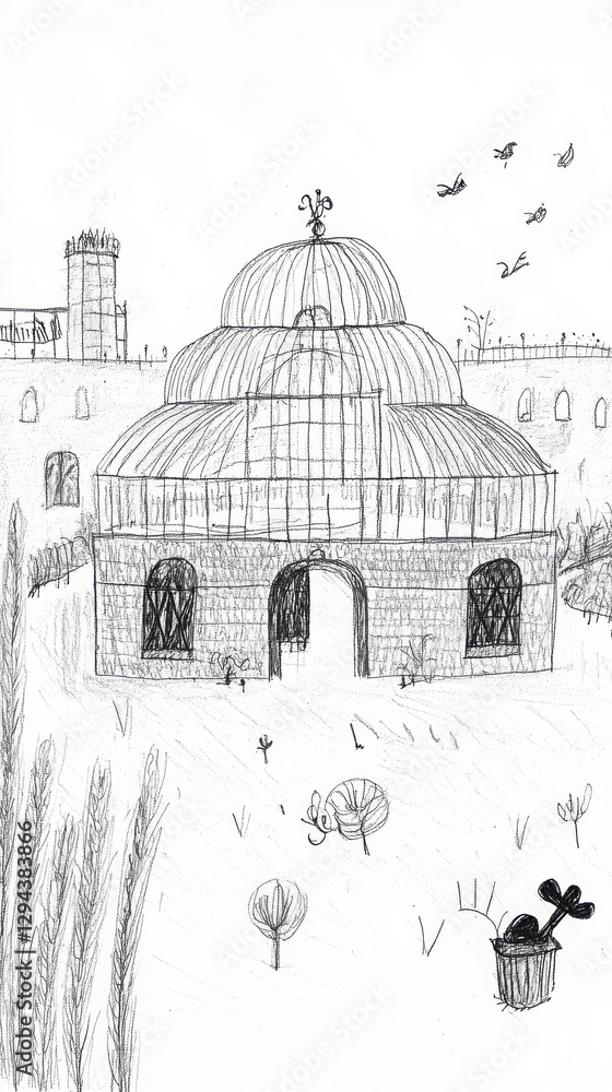 Aufkleber monochrome sketch of a domed structure with simple line art details. architectural sketching illustr