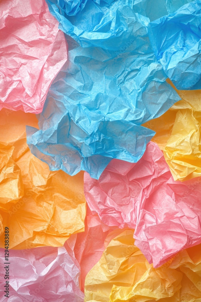 Poster vibrant crumpled tissue paper in pastel hues creating a textured background with playful light and s