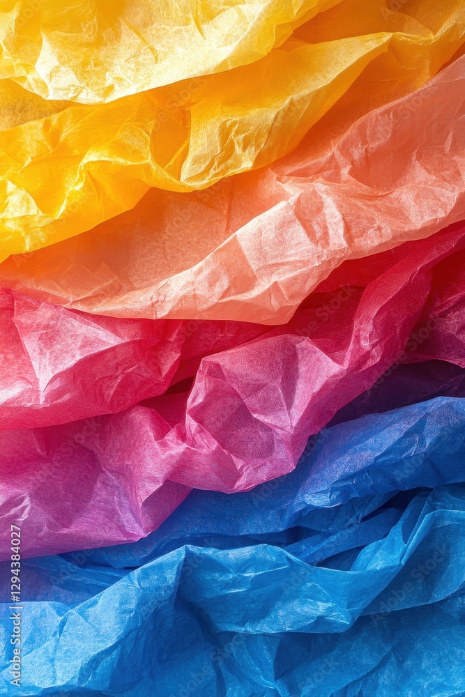 Poster Vibrant Gradient of Colorful Tissue Paper Layers Creating a Textured Abstract Background with Warm and Cool Tones in a Soft Light