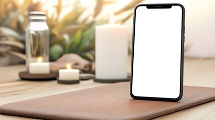 Sleek and modern smartphone displaying a yoga app interface placed on a wooden yoga mat alongside candles and a water bottle
